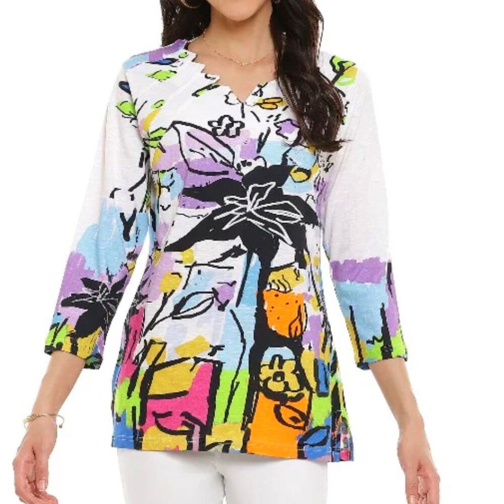 Parsley & Sage Colorful Doodle Sketch Tee Womens Small Lagenlook Boho Artsy Top
